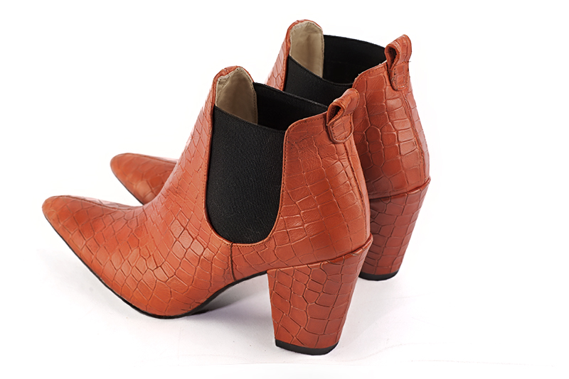 Women's terracotta orange and matt black elegant Chelsea ankle boots, with side elastics. Tapered toe. High cone heels - Rear view